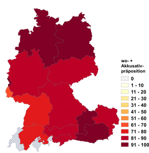 Relative Auftretenshäufigkeit von wo- + Akkusativpräposition innerhalb der einzelnen Areale im Verhältnis zu Akkusativpräposition + was (in %)