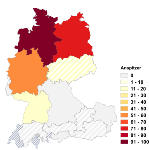 Relative Auftretenshäufigkeit von Anspitzer innerhalb der einzelnen Areale im Verhältnis zu Spitzer (in %)