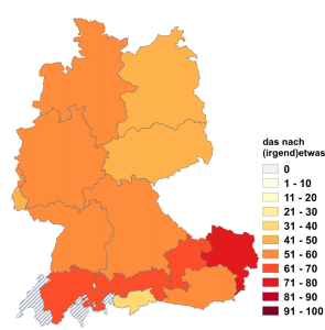 Relative Auftretenshäufigkeit von das nach (irgend)etwas innerhalb der einzelnen Areale im Verhältnis zu was nach (irgend)etwas (in %)