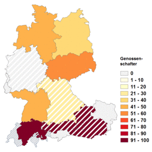 Relative Auftretenshäufigkeit von Genossenschafter innerhalb der einzelnen Areale im Verhältnis zu Genossenschaftler (in %)
