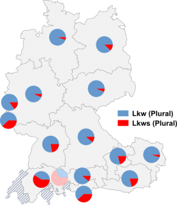Relative Auftretenshäufigkeit von Lkw / Lkws (Plural) innerhalb der einzelnen Areale