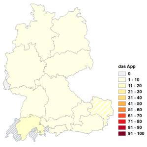 Relative Auftretenshäufigkeit von das App innerhalb der einzelnen Areale im Verhältnis zu die App (in %)