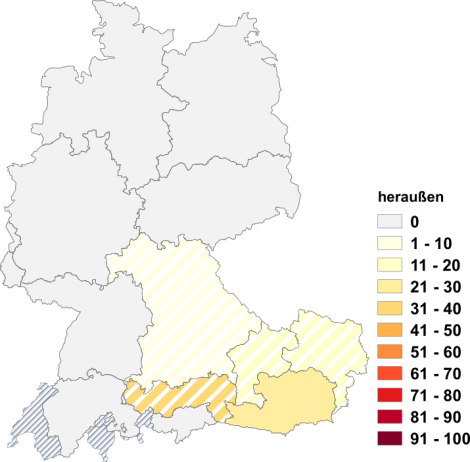 Relative Auftretenshäufigkeit von heraußen innerhalb der einzelnen Areale im Verhältnis zum Gesamtvorkommen in allen Arealen (in %)