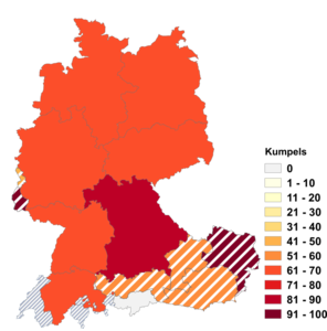 Relative Auftretenshäufigkeit von Kumpels innerhalb der einzelnen Areale im Verhältnis zu Kumpel (in %)