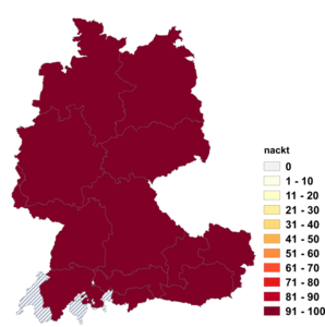 Relative Auftretenshäufigkeit von nackt innerhalb der einzelnen Areale im Verhältnis zu nackig (in %)