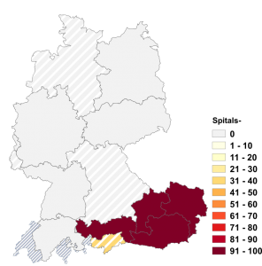 Relative Auftretenshäufigkeit von Spitals- innerhalb der einzelnen Areale im Verhältnis zu Spital- (in %)