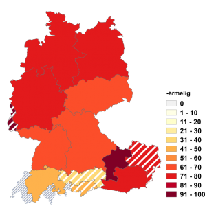 Relative Auftretenshäufigkeit von -ärmelig innerhalb der einzelnen Areale im Verhältnis zu -ärmlig (in %)