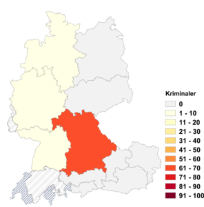 Relative Auftretenshäufigkeit von Kriminaler innerhalb der einzelnen Areale im Verhältnis zu Kriminalist (in %)