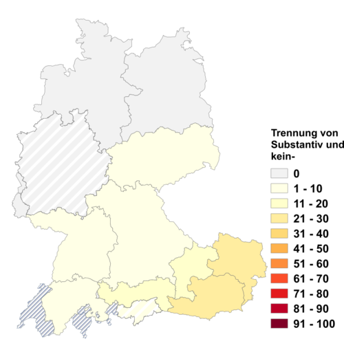 Relative Auftretenshäufigkeit von Trennung von Substantiv und kein- innerhalb der einzelnen Areale im Verhältnis zum Gesamtvorkommen in allen Arealen (in %)