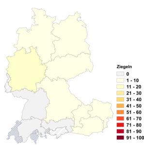 Relative Auftretenshäufigkeit von Ziegeln innerhalb der einzelnen Areale im Verhältnis zu Ziegel (in %)