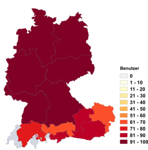 Relative Auftretenshäufigkeit von Benutzer innerhalb der einzelnen Areale im Verhältnis zu Benützer (in %)