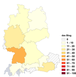 Relative Auftretenshäufigkeit von das Blog innerhalb der einzelnen Areale im Verhältnis zu der Blog (in %)