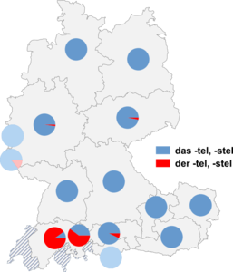 Relative Auftretenshäufigkeit von das -tel, -stel / der -tel, -stel innerhalb der einzelnen Areale