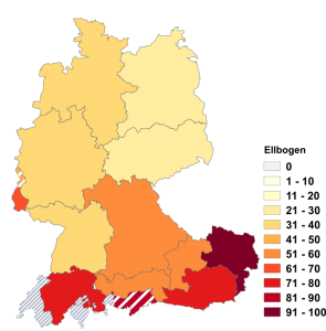 Relative Auftretenshäufigkeit von Ellbogen innerhalb der einzelnen Areale im Verhältnis zu Ellenbogen (in %)