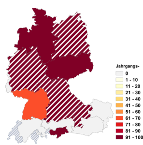 Relative Auftretenshäufigkeit von Jahrgangs- innerhalb der einzelnen Areale im Verhältnis zu Jahrgänger- (in %)