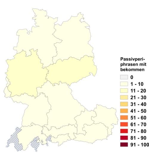 Relative Auftretenshäufigkeit von Passivperiphrasen mit bekommen innerhalb der einzelnen Areale im Verhältnis zum Gesamtvorkommen in allen Arealen (in %)