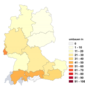 Relative Auftretenshäufigkeit von umbauen in innerhalb der einzelnen Areale im Verhältnis zu umbauen zu (in %)