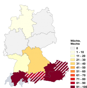 Relative Auftretenshäufigkeit von Wächte, Wechte innerhalb der einzelnen Areale im Verhältnis zu Wehe (in %)