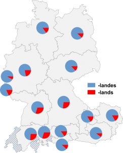 Relative Auftretenshäufigkeit von -landes / -lands innerhalb der einzelnen Areale