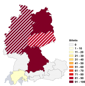 Relative Auftretenshäufigkeit von Billetts innerhalb der einzelnen Areale im Verhältnis zu Billette (in %)