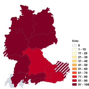 Relative Auftretenshäufigkeit von Ecke innerhalb der einzelnen Areale im Verhältnis zu Eck (in %)