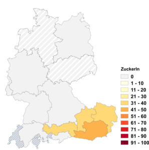 Relative Auftretenshäufigkeit von Zuckerln innerhalb der einzelnen Areale im Verhältnis zu Zuckerl (in %)