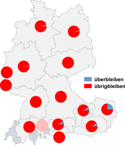 Relative Auftretenshäufigkeit von überbleiben / übrigbleiben innerhalb der einzelnen Areale