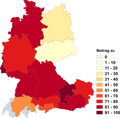 Relative Auftretenshäufigkeit von Beitrag zu innerhalb der einzelnen Areale im Verhältnis zu Beitrag an und Beitrag für (in %)