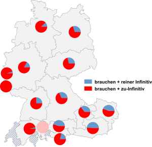 Relative Auftretenshäufigkeit von brauchen + reiner Infinitiv / brauchen + zu-Infinitiv innerhalb der einzelnen Areale