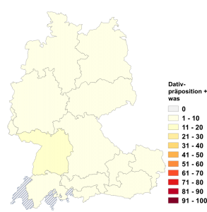 Relative Auftretenshäufigkeit von Dativpräposition + was innerhalb der einzelnen Areale im Verhältnis zu wo- + Dativpräposition (in %)