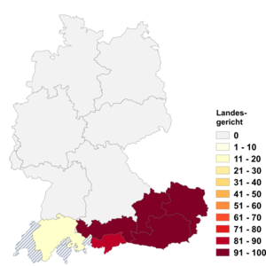 Relative Auftretenshäufigkeit von Landesgericht innerhalb der einzelnen Areale im Verhältnis zu Landgericht (in %)