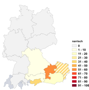 Relative Auftretenshäufigkeit von narrisch innerhalb der einzelnen Areale im Verhältnis zu närrisch (in %)