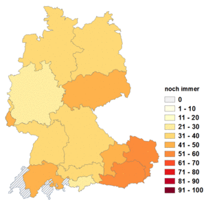 Relative Auftretenshäufigkeit von noch immer innerhalb der einzelnen Areale im Verhältnis zu immer noch (in %)