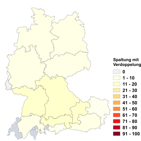 Relative Auftretenshäufigkeit von Spaltung mit Verdoppelung innerhalb der einzelnen Areale im Verhältnis zum Gesamtvorkommen in allen Arealen (in %)