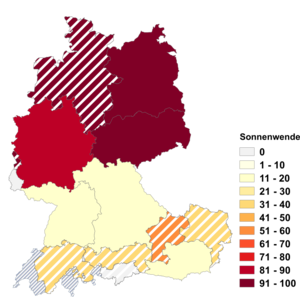 Relative Auftretenshäufigkeit von Sonnenwende innerhalb der einzelnen Areale im Verhältnis zu Sonnwende (in %)