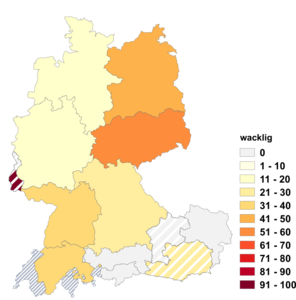 Relative Auftretenshäufigkeit von wacklig innerhalb der einzelnen Areale im Verhältnis zu wackelig (in %)