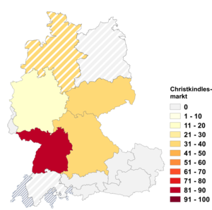 Relative Auftretenshäufigkeit von Christkindlesmarkt innerhalb der einzelnen Areale im Verhältnis zu Christkindlmarkt (in %)