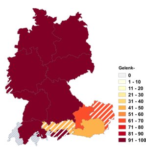 Relative Auftretenshäufigkeit von Gelenk- innerhalb der einzelnen Areale im Verhältnis zu Gelenks- (in %)