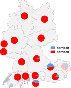 Relative Auftretenshäufigkeit von narrisch / närrisch innerhalb der einzelnen Areale