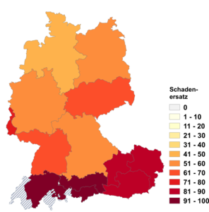 Relative Auftretenshäufigkeit von Schadenersatz innerhalb der einzelnen Areale im Verhältnis zu Schadensersatz (in %)