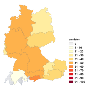 Relative Auftretenshäufigkeit von anmieten innerhalb der einzelnen Areale im Verhältnis zu mieten (in %)