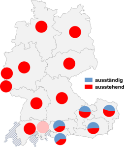 Relative Auftretenshäufigkeit von ausständig / ausstehend innerhalb der einzelnen Areale