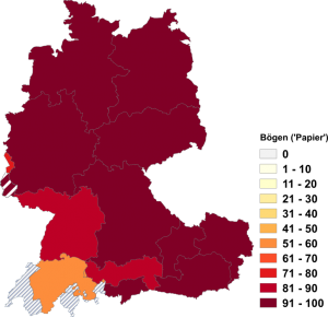 Relative Auftretenshäufigkeit von Bögen innerhalb der einzelnen Areale im Verhältnis zu Bogen ('Papier'; in %)