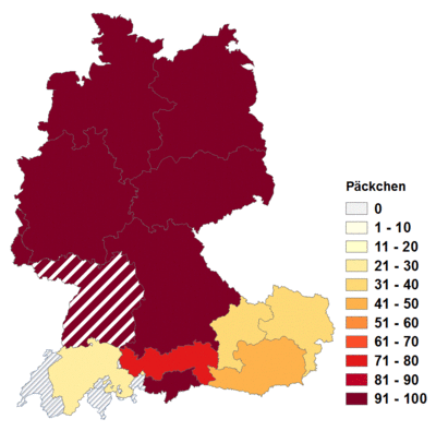 Relative Auftretenshäufigkeit von Päckchen innerhalb der einzelnen Areale im Verhältnis zu Packerl und Päckli (in %)