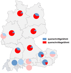 Relative Auftretenshäufigkeit von querschnittgelähmt / querschnittsgelähmt innerhalb der einzelnen Areale