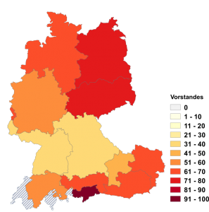 Relative Auftretenshäufigkeit von Vorstandes innerhalb der einzelnen Areale im Verhältnis zu Vorstands (in %)