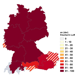 Relative Auftretenshäufigkeit von an frischer Luft / an der frischen Luft innerhalb der einzelnen Areale im Verhältnis zu in frischer Luft / in der frischen Luft (in %)