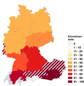 Relative Auftretenshäufigkeit von Einnahmenseite innerhalb der einzelnen Areale im Verhältnis zu Einnahmeseite (in %)