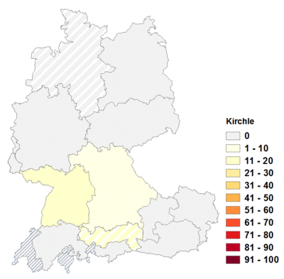 Relative Auftretenshäufigkeit von Kirchle innerhalb der einzelnen Areale im Verhältnis zu Kircherl und Kirchlein (in %)