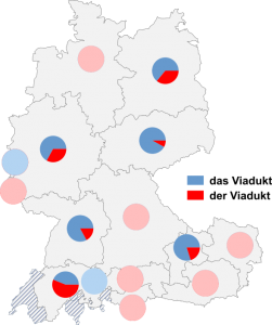 Relative Auftretenshäufigkeit von das Viadukt / der Viadukt innerhalb der einzelnen Sprachareale